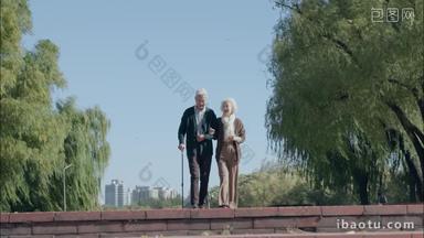 老年夫妇相互搀扶着在公园里<strong>散步</strong>